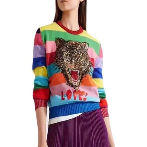 2021 Luxury Oversized Sweaters Women Rabbit Fur Cat Pullover Cartoon Tiger Embroidery Letter Knitted Sweater Rainbow Striped