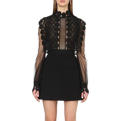 New Arrival Summer Runway Patchwork Black Lace Dress Womens Long Sleeve Flower Embroidery Crochet Hollow Out Mini Dress Vestido