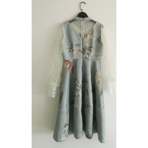 Women Summer 2021 Spring High Quality Jacquard Flower Print Beading Diamonds A-Line Mini Blue Dress