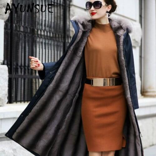 AYUNSUE Real Fur Coat Women Rex Rabbit Fur Coat Fox Fur Collar Hooded Winter Coat Women Warm Parka Manteau Femme TZ-18801 YY1570
