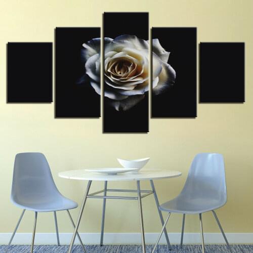 No Framed White Rose Flower Black Background 5 Pcs Canvas Picture Print Wall Art Canvas Painting Wall Decor for Living Room