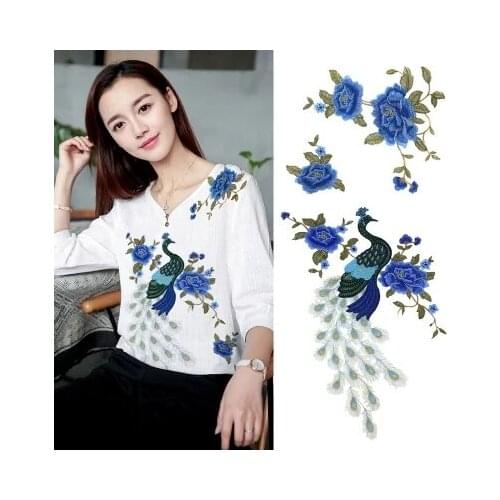 Oversized Peacock Mesh Embroidery Retro Skirt Dress Peony Flower Patch Applique Fashion Sticker 2Pcs/pack