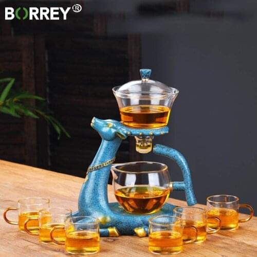 BORREYHigh Borosilicate Glass Teapot Turkish Drip Pot Infuser Tea Coffee Pot Deer Body Automatic Tea Making Pot With Base Teapot