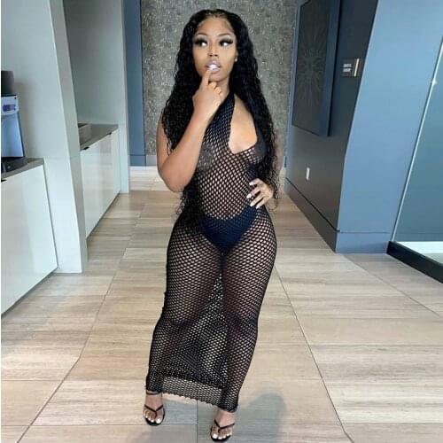 Hirigin Black Skew Shoulder Hollow Out See-Through Bodycon Dress Vacation Beachwear Summer 2021 Sexy Party Clubwear Maxi Dress