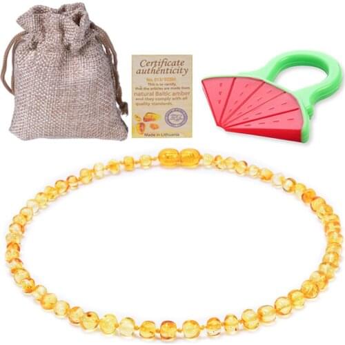 Baltic Ambers Teething Necklace for Baby (Unisex) (Lemon) Natural Certificated Oval Baltic Jewelry with The Highest Quality