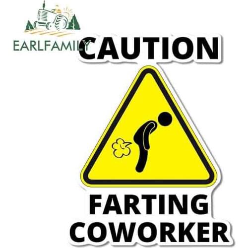 EARLFAMILY 13cm x 10cm For Caution Farting Coworker Sign Car Stickers Waterproof Decal Vinyl Material Cartoon VAN Decoration