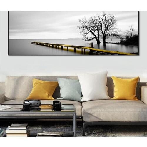 Calm Lake Surface Long Bridge Tree Scene Black and White Canvas Paintings Poster Print Wall Art Pictures Living Room Home Decor