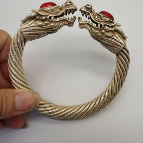 China Old Tibet Silver Carved Dragon Bracelet inlaid with red jade Bracelets