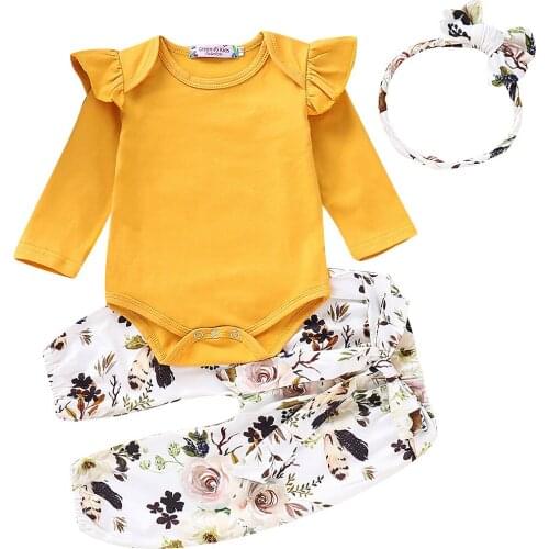 3PCS Autumn Infant Kids Baby Girls Clothes Sets Ruffles Sleeve Solid Romper Tops+Floral Print Pants+Headband