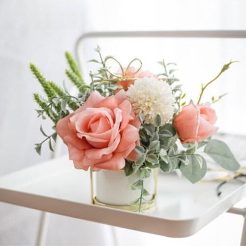 Nordic creative photography simulation flower set ceramic golden vase rose simulation plant potted home decoration false flowerp