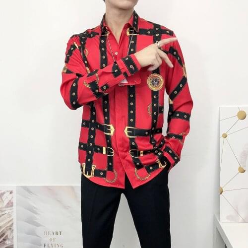 Trendy Gold Badge Strap Shirt Men Designers Loose Fit Red Printed Shirt Men Hawaiian Camisa Hombre Camisas Hip Hop Party Shirt