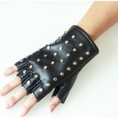 Fashion womens Hip-hop punk half finger PU leather gloves tactical fingerless rivet gloves black performance gloves
