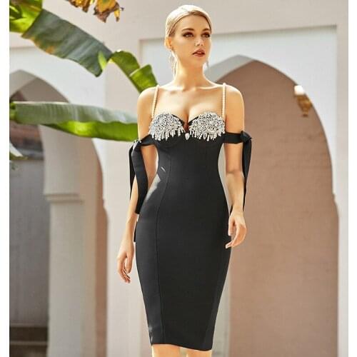 New Beading Bandage Dress 2021 Summer Off Shoulder Elegant Vestidos Black Sexy Strapless Bodycon Club Party Dresses