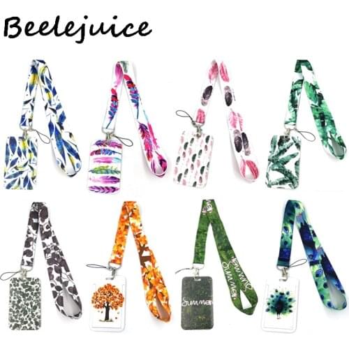 Feathers Leaves Lanyard Credit Card ID Holder Bag Student Women Travel Card Cover Badge Car Keychain Decorations Gifts