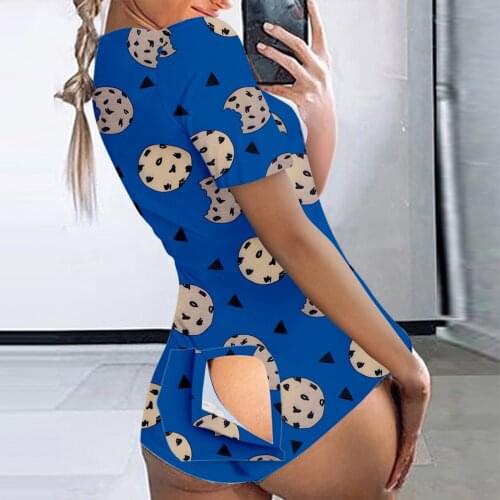 40#Women Sexy Button-down Printing Functional Short Playsuit Onesies Christmas Cutout Functional Buttoned Flap Adults Pajamas