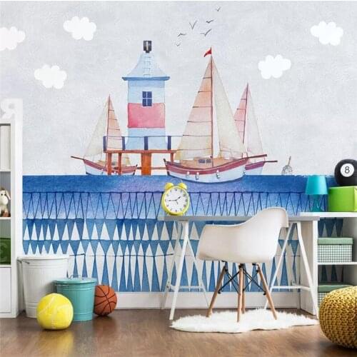 Hand-painted sailing lighthouse childrens room background wall custom large wallpaper murals 3D photo wall manufacturers wholes