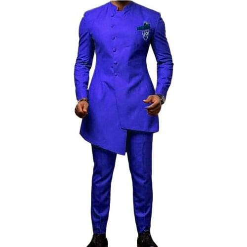Brand New Men Suits Royal Blue Groom Tuxedos Mandarin Lapel Groomsmen 2 Pieces Wedding Best Man ( Jacket+Pants+Tie ) C987