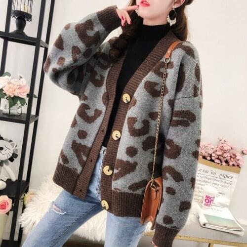 V-Neck Sweater Womens Casual Cashmere Autumn Winter Leopard Print Sweaters And Cardigans Female Oversize Knitwear Cardigan Coat