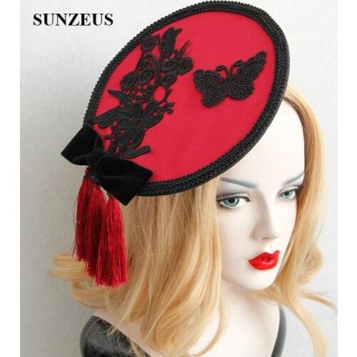 Unique Wine Red Tassel Bridal Hats With Black Lace Butterfly High Quality Party Hat New Headwear FJ-32