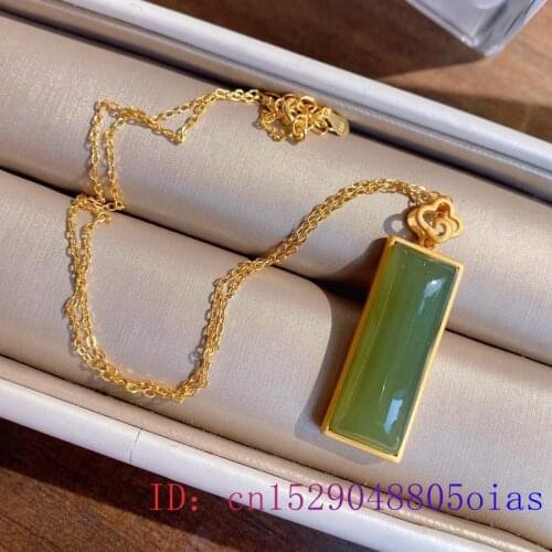 Green Jade Rectangle Pendant Charm Amulet Gemstone Chinese 925 Silver Jewelry Gifts Crystal Agate Necklace Women Chalcedony