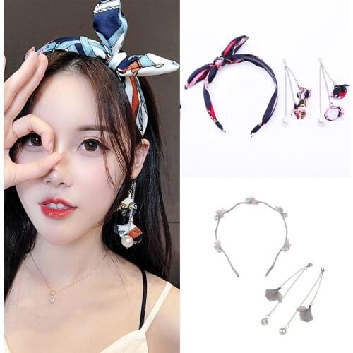 Korean Bowknot Earrings Pearl Tassel Ribbon Headband Female Children Wild Face Washing Head Tie Hoop Hair Band for Women Girl