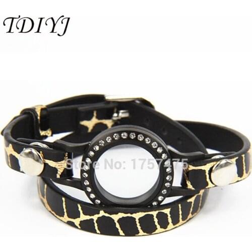 TDIYJ Hot Selling Leopard Genuine Leather Bracelet with Stainless Steel Floating Crystal Locket as a Gift to Women 2pcs/lot