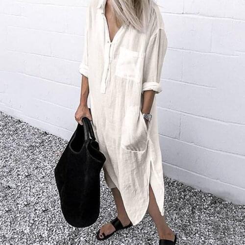 ZANZEA Elegant Women Spring Lapel Neck Long Sleeve Cotton Linen Dress Solid Sundress Long Shirt Dress Baggy Split Hem Vestido