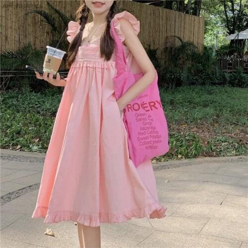 2021 Summer New Dress College Style Sweet and Lovely Pink Age Reduction Fresh Sling A-line Skirt Large Size Loose Princess Dress