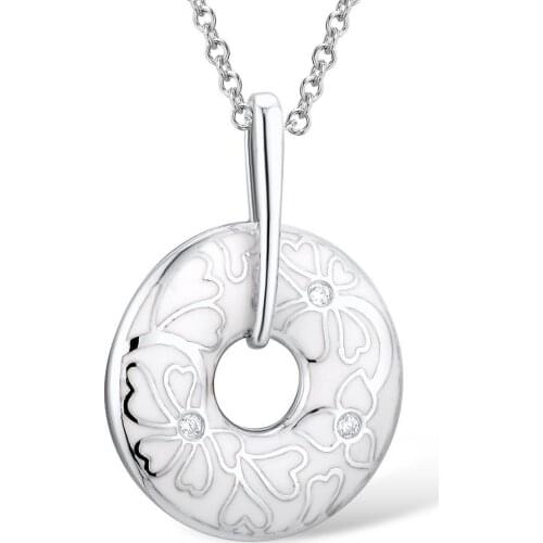 Vintage Silver Charm Necklace for Women Elegant Flower Pattern White Enamel Circle Pendant Necklace with Chain Retro Jewelry