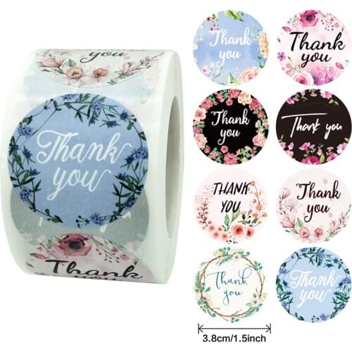 3.8CM Cute Floral Thank You Round Stickers 500Pcs/rol lfor Envelope Party Gift Baking Packaging Sealing Label Decoration