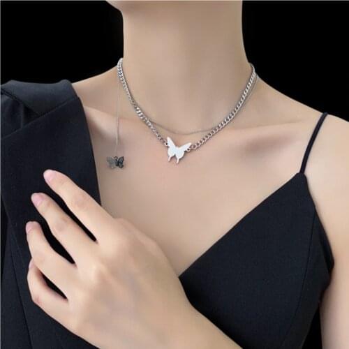 316L Stainless Steel New Fashion Upscale Jewelry Sexy Tassel Butterfly Charms Thick Chain Choker Necklaces Pendants For Women