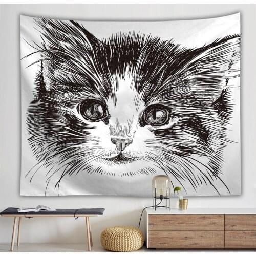 White Black Cartoon Cute Cat Tapestry Wall Hanging Pattern Decor Witchcraft Hippie Blanket Carpets Kids Room Dorm Animal Trippy