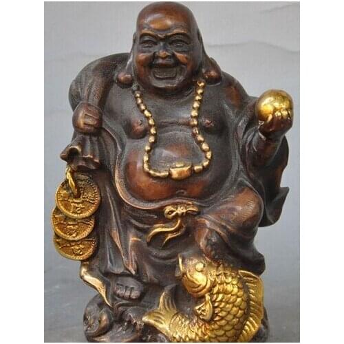 Free Shipping Chinese bronze gilt fish money coin wealth happy Lucky Maitreya Buddha statue