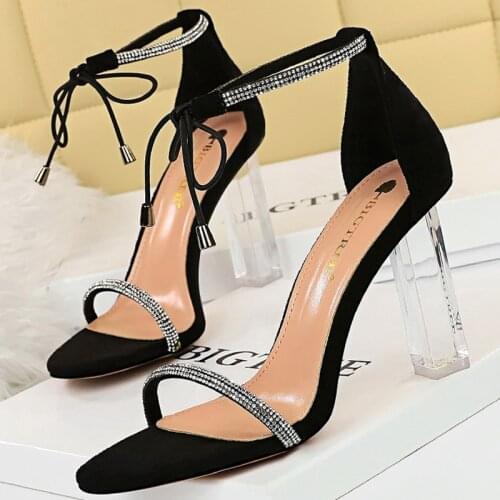 BIGTREE Shoes Transparent Shoes Women Sandals Rhinestone High Heels Open Toe Summer Sandals Suede Ladies Shoes Sexy Party Shoes