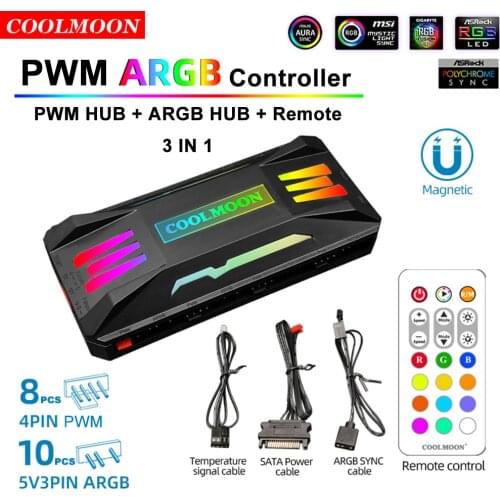 Coolmoon ARGB Controller 4Pin PWM 5V 3Pin ARGB Cooling Fan Smart Remote Control for PC Case Chassis Radiator Dissipation