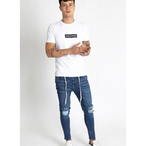 Denim Pants Male Casual Waistline Printing Jogging Pencil Pant Mens Jeans Hip Hop Moto Biker Skinny Ripped Pure Color Elastic