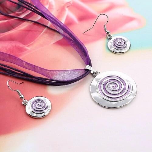 Hesiod Round Circle Chiffon Jewelry Sets Multi-layer Chain Accessories Vintage Enamel Drip Oil Silver Color Dangle Earrings Girl