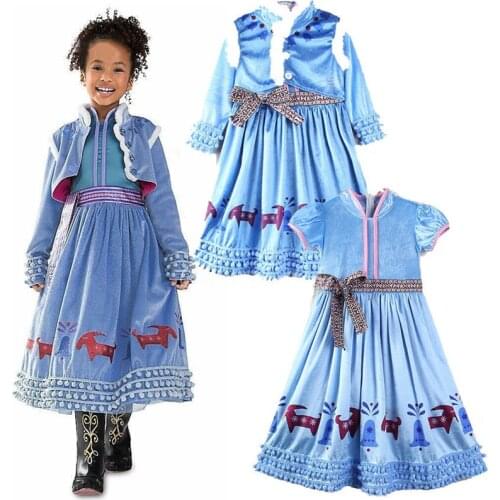 Girl princess dress cartoon anime cosplay cotton blue dress for 4-9years girls kids children European style dress