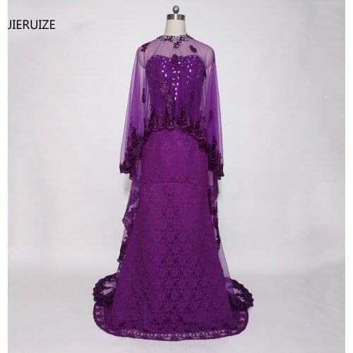JIERUIZE Purple Lace Mermaid Evening Dresses With Cap High Neck Long Evening Gowns Formal Dresses Mother of the Bride Dresses