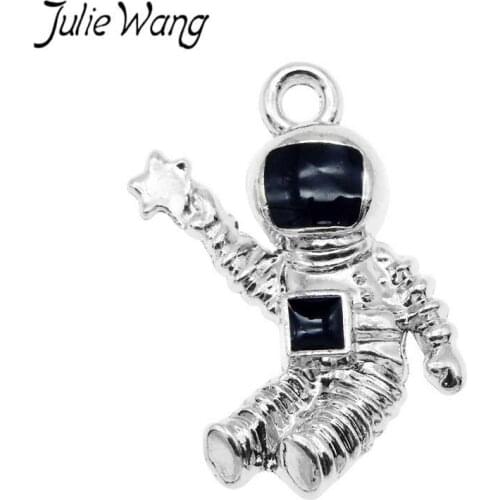 Julie Wang 8PCS Enamel Astronaut Charms Alloy Spaceman Gold Silver Color Necklace Pendant Bracelet Accessory Jewelry Making