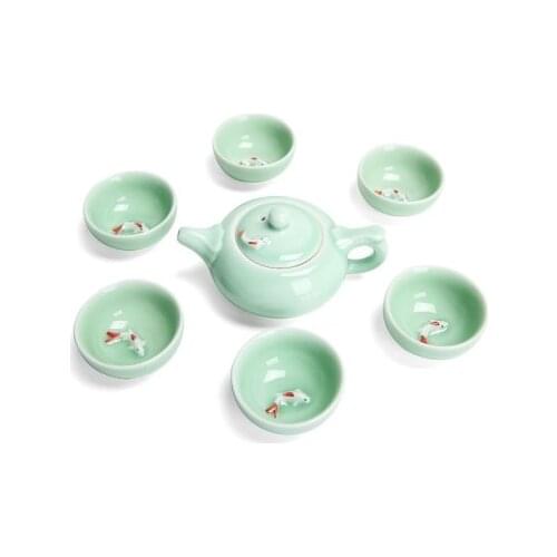 Chinese Tea Set Porcelain Celadon Fish Teacup Set Teapot Drinkware Oolong Tea Kung Fu Tea Set Ceramic Tureen (Not include Tray)