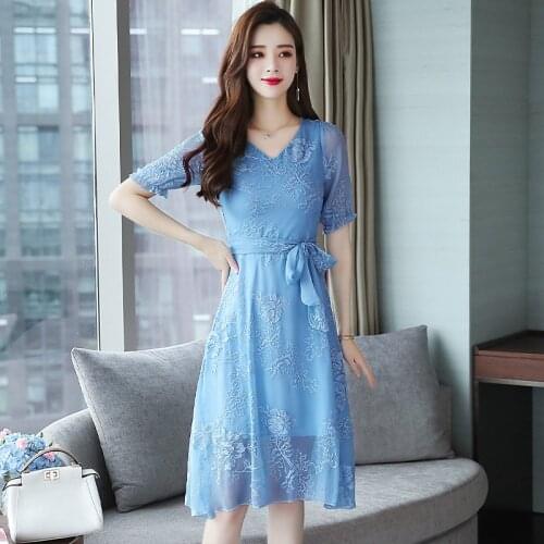 Summer Dress Women New Large Size V-neck Temperament Waist Vestidos Mid-length Fashion Embroidered Chiffon Dresses Female A980