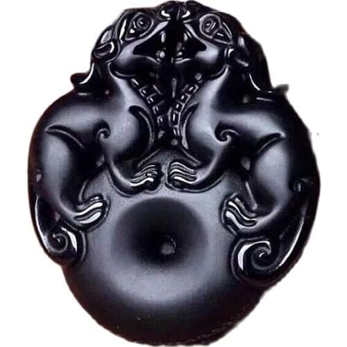 Natural Obsidian Double jade Pixiu true evil bonanza lucky pendant