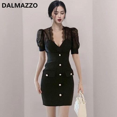 DALMAZZO High Quality Women V Neck Lace Patchwork Puff Sleeve Mini Dress 2021 Summer Designer Vintage French Slim Party Vestidos