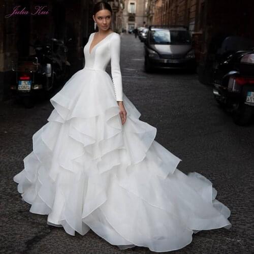 Julia Kui Gorgeous Satin Of Ruffles Skirt A Line Wedding Dress Backless With Long Sleeve