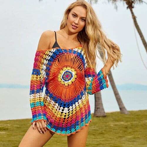 Hand Made Crochet Cover up Colorful Tunic for Beach Sexy Bikini cover up Sarong Beachwear Pareo Beach Bathing Suit Cover ups
