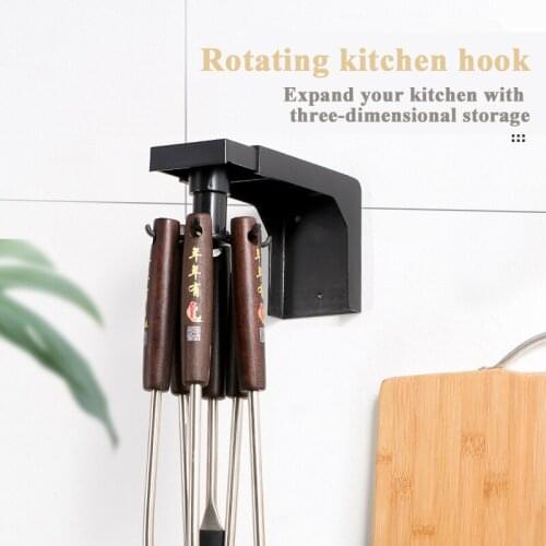 Retractable rotating kitchen shelf free perforation wall hanging wall rack multifunctional 6 hooks