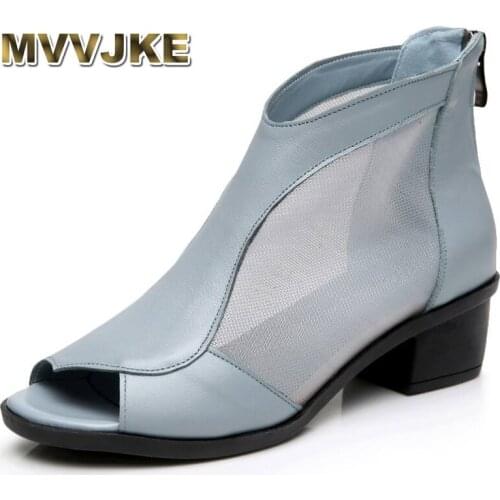 MVVJKEfashion womens genuine leather summer shoes open toe sandals lace net boots thick heel mujer sandals gladiator gauze E132