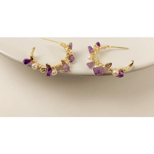 Fashion Purple Crystal Freshwater Pearl Earrings Circle for Women Girls Pendientes Arabescos Gold Round Flower Small Earrings