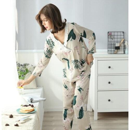 2020 Womens Two-piece Home Suit for Spring Summer Thin Long-sleeved Cotton Pants Pajamas Women Cotton Suit